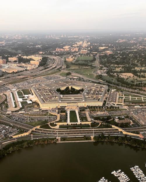 Aeriel view of a building complex; the center structure is pentagonal