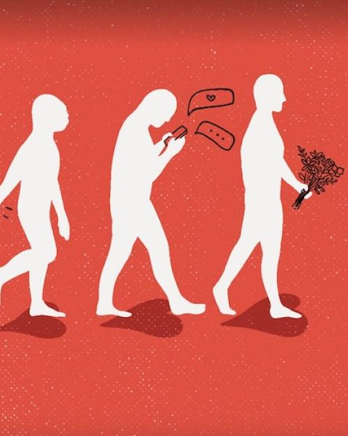 Illustration parody of an ape evolving into a human–holding a bouquet of flowers