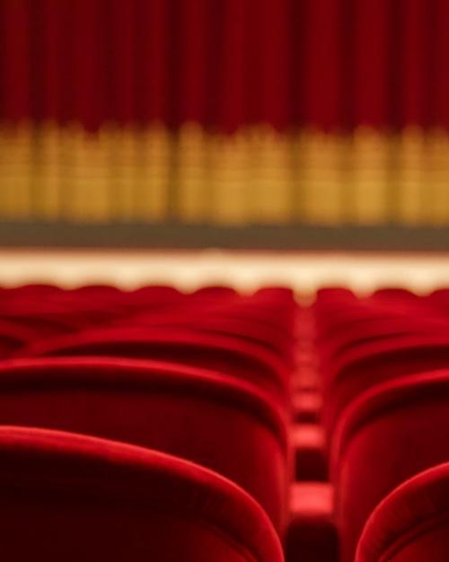 Theater seats and a curtain in the distance