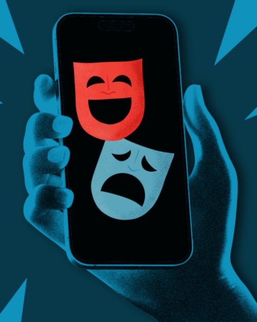 Illustration of a hand, shown in blue, holding a phone screen showing a red comedy mask and a blue tragedy mask