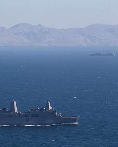 Amphibious transport dock ship USS Somerset (LPD 25) transits the Strait of Hormuz,
