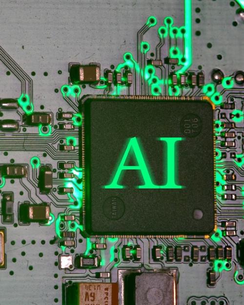 circuit board with a large chip glowing "AI"