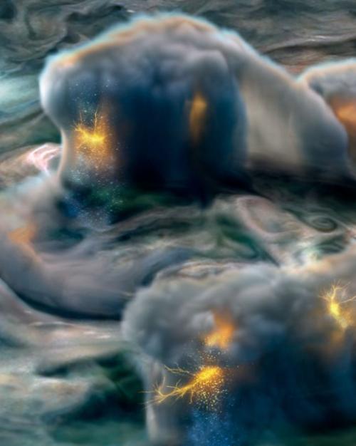 Cloudy mass depicting high-altitude electrical storms on Jupiter.