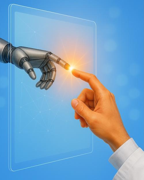 semi-realistic image of a human hand reaching toward a robot hand through a screen
