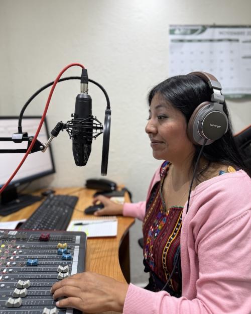 Person wearing large headphones, speaking into a microphone
