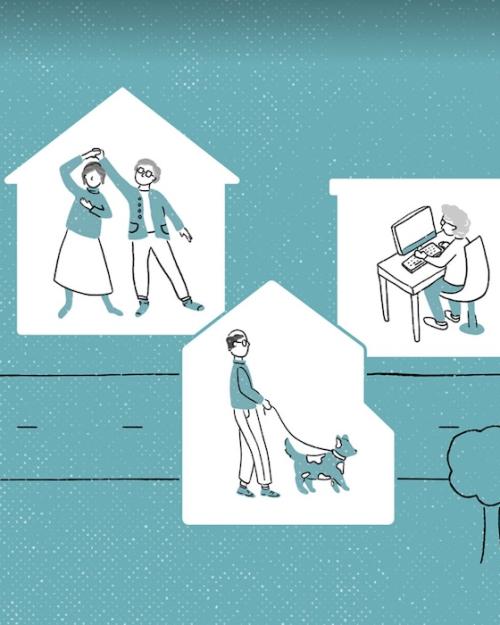 Illustration featuring boxes will figures doing various activities: dancing, walking a dog, reading a book in a chair