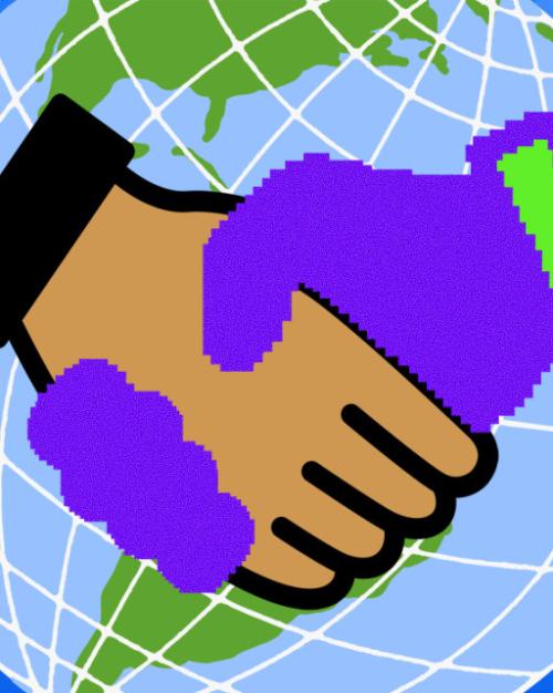 Illustration showing two cartoon hands clasped in front of an Earth