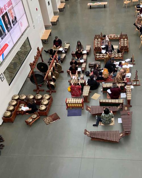 an overhead look at people playing in a band