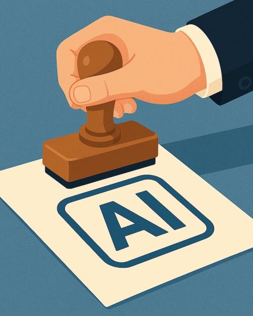 Illustration of a hand rubber stamping a paper with "AI" written on it