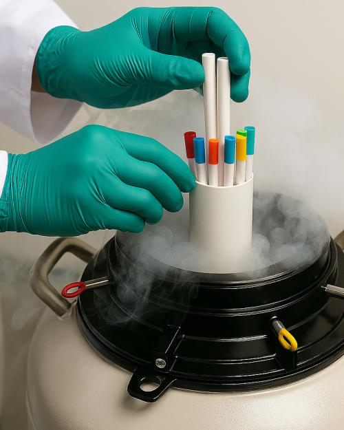 Two hands with green gloves on handle a set of white tubes at the mouth of a cryogenic tank with vapor