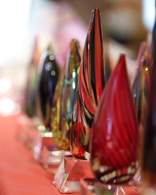 Glass sculptures arranged on a tabletop, about to be given as awards