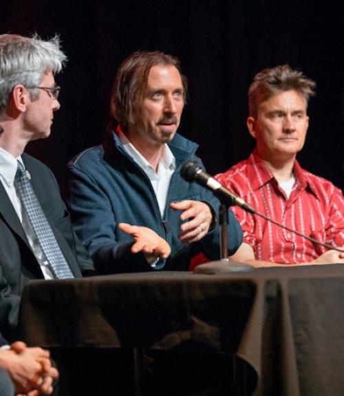  from left, Gerald Beasley, the Carl A. Kroch University Librarian; filmmaker Jason Schmitt, Jeremy Braddock, associate professor of English