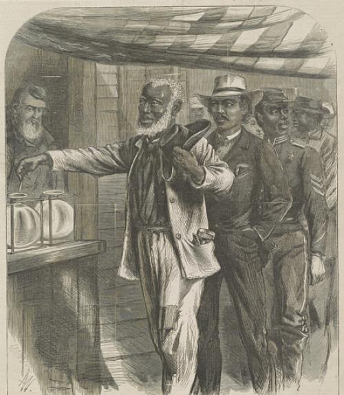  &quot;The first vote&quot; / AW [monogram] ; drawn by A.R. Waud. African American men, in dress indicative of their professions, in a queue waiting their turn to vote.
