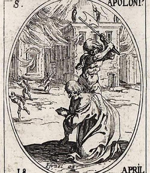  Image of the Martyrdom of Saint Apollonius of Rome: executioner standing over Apollonius with an axe poised to fall, while Apollonius kneels at his feet