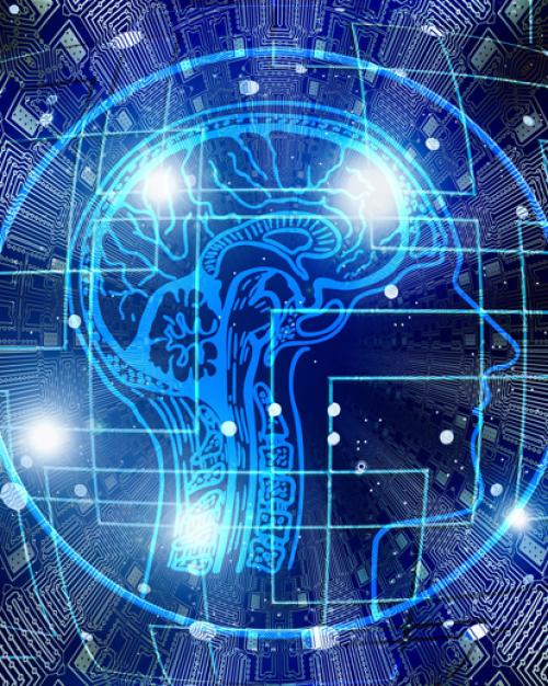  artificial intelligence graphic with brain,  lights and circuits