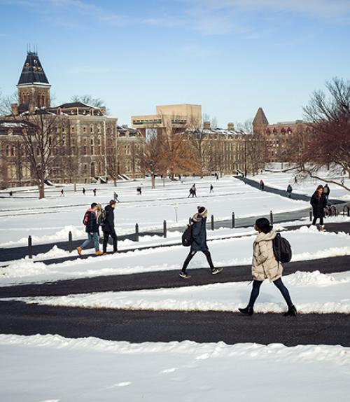  students walk across the arts quad in winter