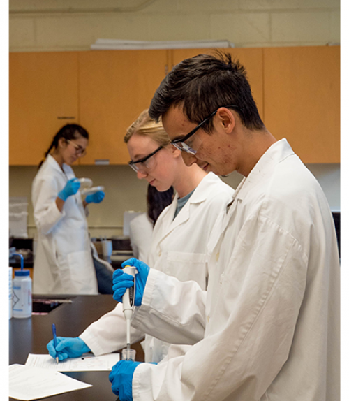  Students wearing labcoats working in a lab.