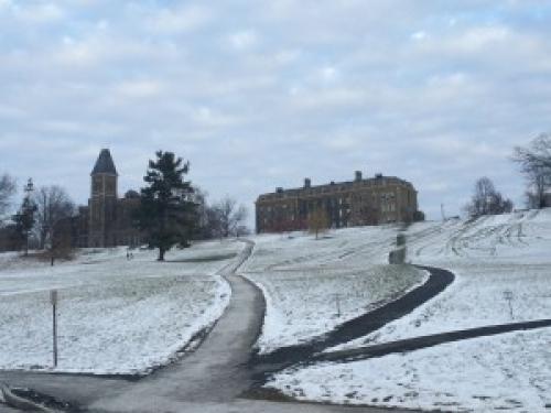 A snowy view up Libe Slope at McGraw Hall and Morrill Hall overlooking the Arts Quad.