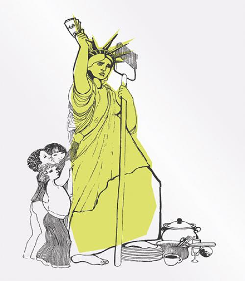  Image of Lady Liberty with children tugging on her gown