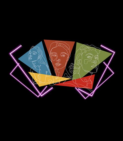  colorful triangles with faces sketched on each; black background