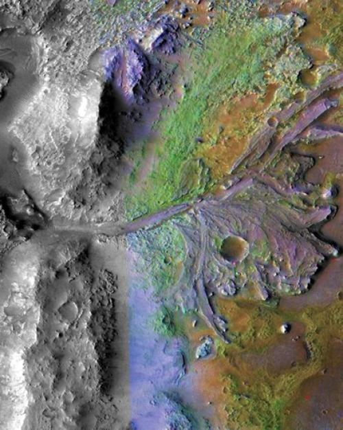 		 Multi-colored terrain on Mars, seen from above
	