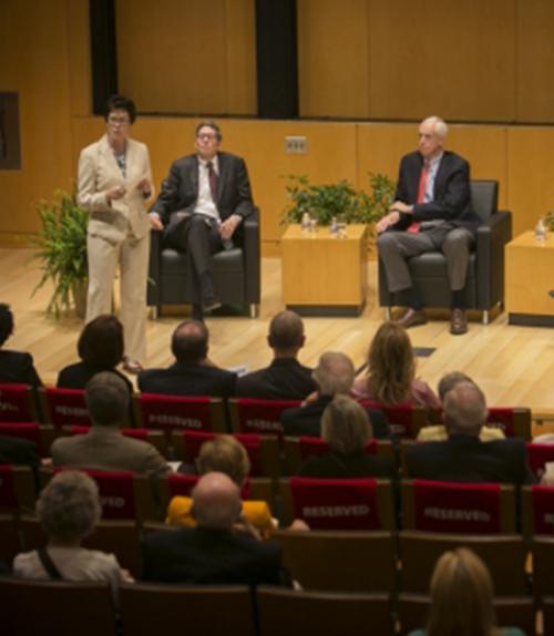  Michael Klarman and Michael Dorf sitting on stage with Gretchen Ritter