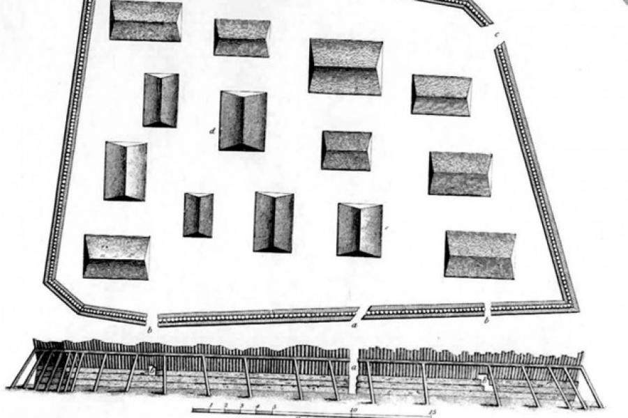 Pencil drawing of a fort, seen from above