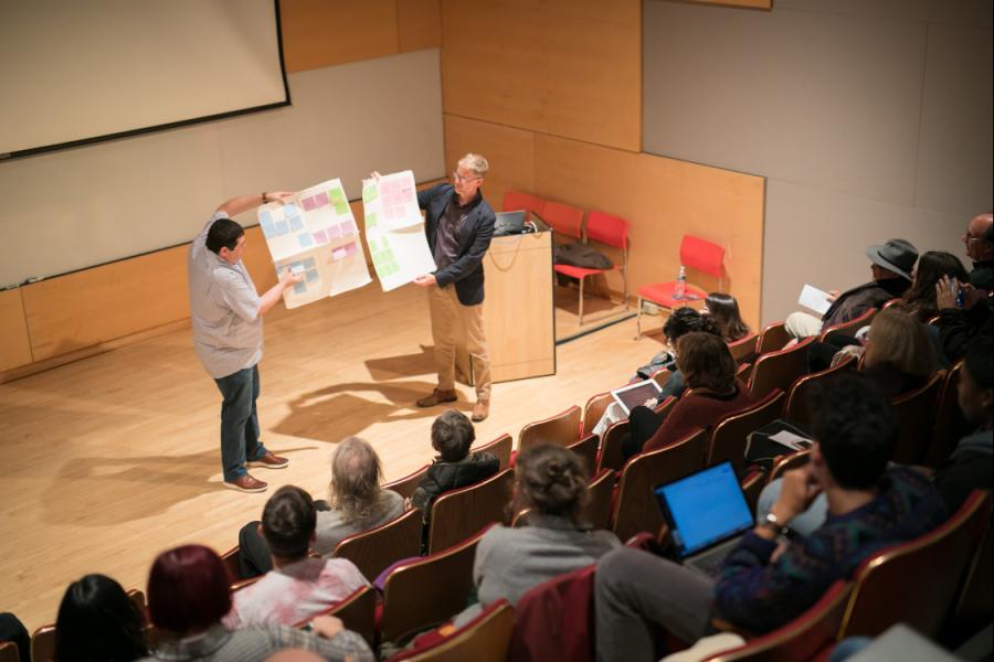 Professors Jeffrey Palmer and Austin Bunn at the "Words from a Bear" screening