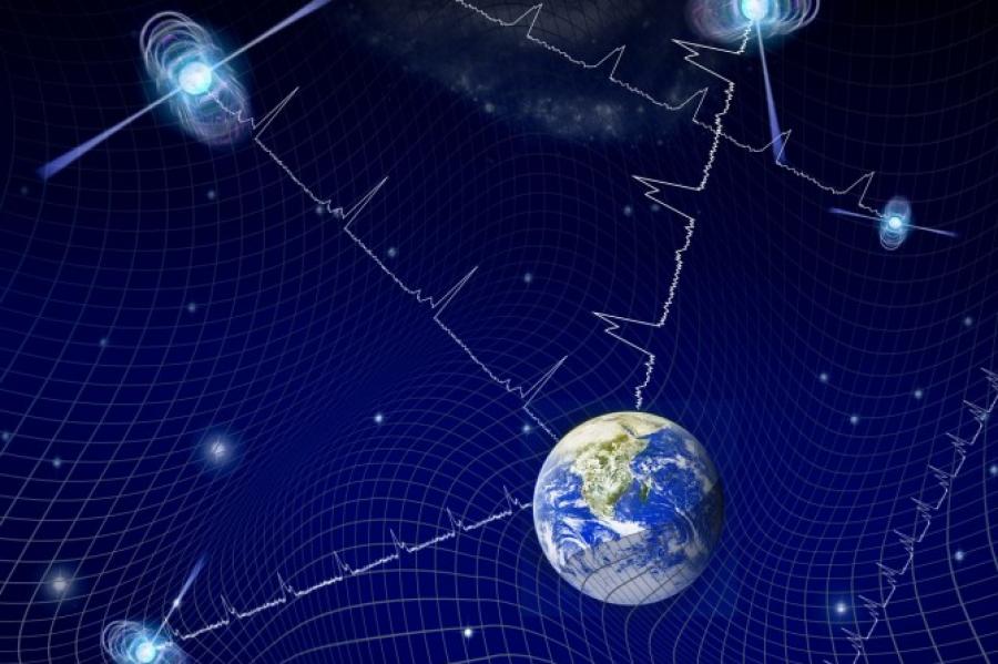 An artist rendering of waves and planets