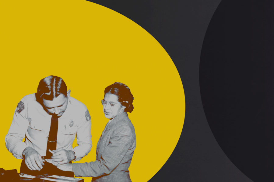 Poster featuring photo of woman and police officer