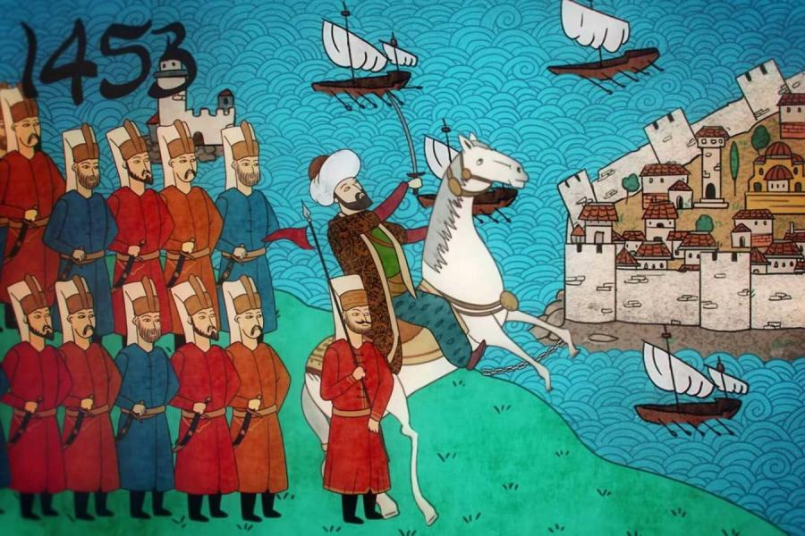 Illustration in bright colors of a man on horseback