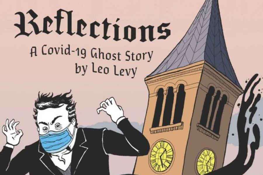 comic showing ghost, McGraw Tower and COVID mask