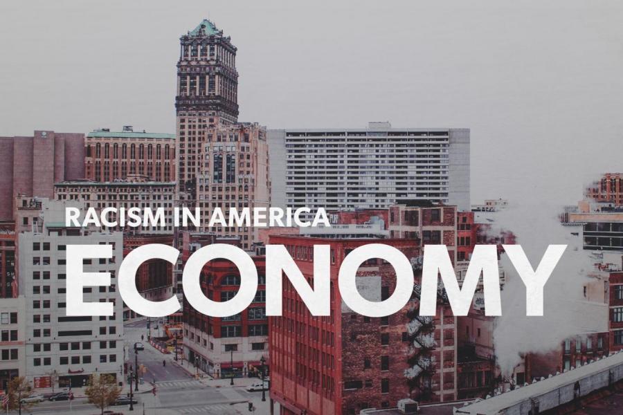 Racism in America: Economy. Detroit cityscape in background.