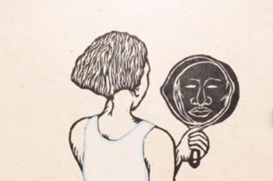 Artwork showing a woman in a blue dress looking into a mirror. 