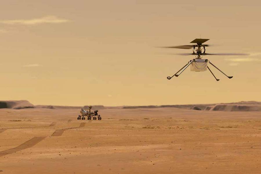 small helicopter flying over a barren, orange landscape