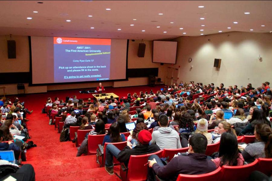 Inside a crowded auditorium