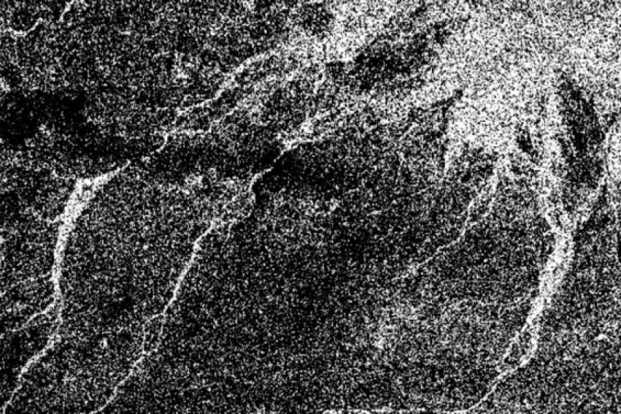 A black and white aerial image of Titan's river system.