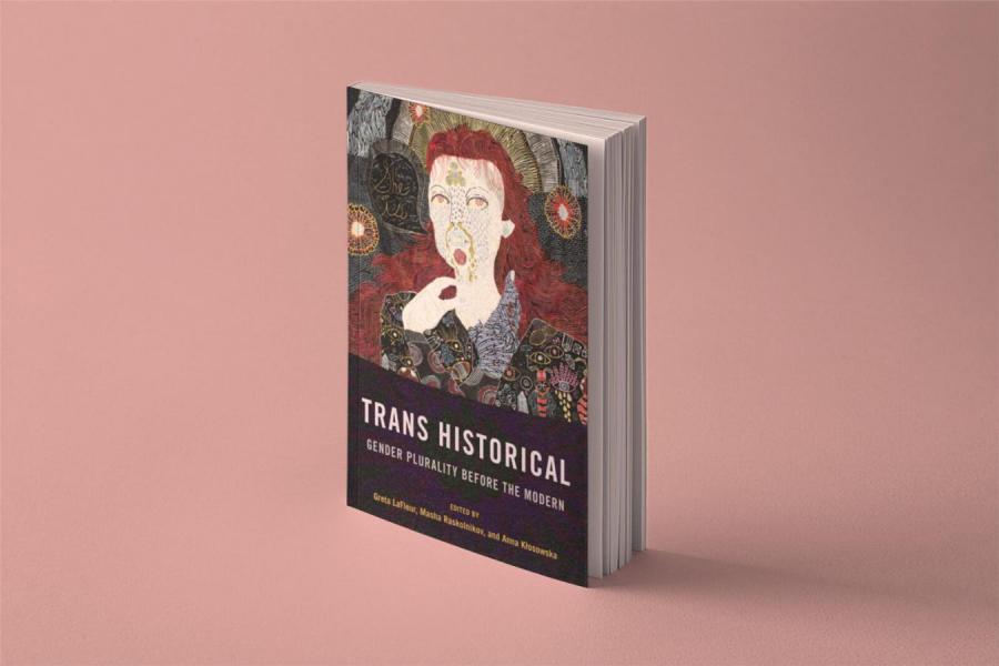 The cover of Trans Historical showing a person with long red hair and a mustache. 