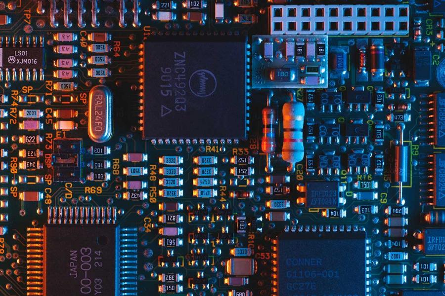 computer circuit components in blues and reds
