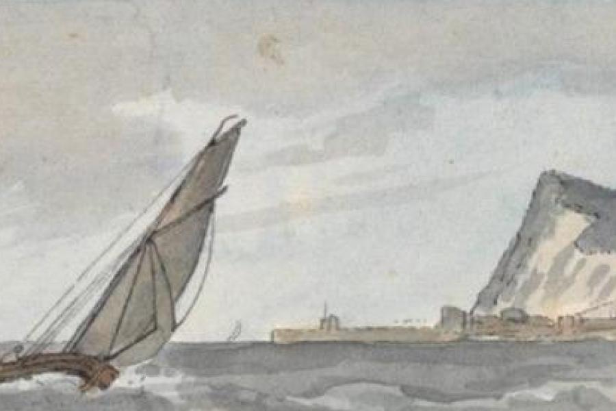 Watercolor painting of a coastline with a sail boat