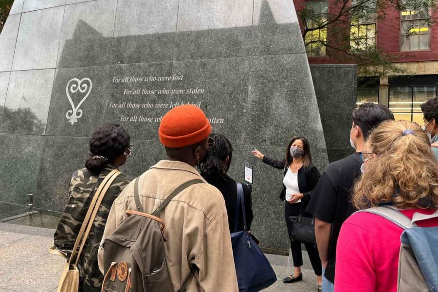 people looking at a monument