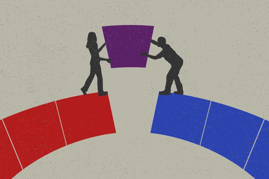 Illustration: two figures set a purple key stone into a red and blue arch