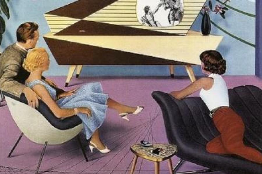 Retro illustration: people in stylish living room