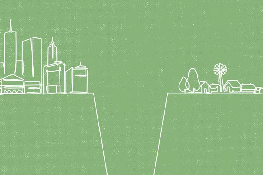 White line drawing on green background showing city on one side of a chasm and a farm on the other