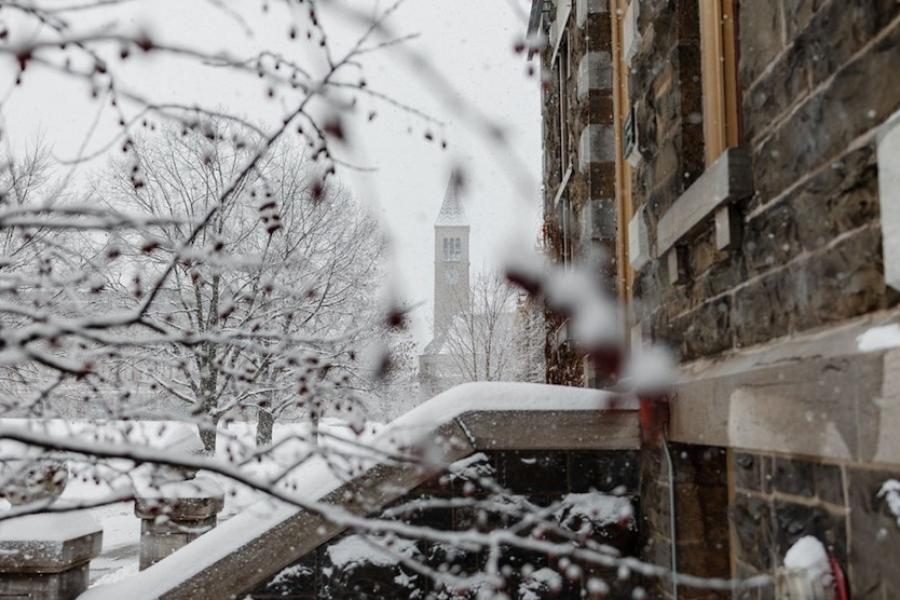 Stone building entrance, snow falling
