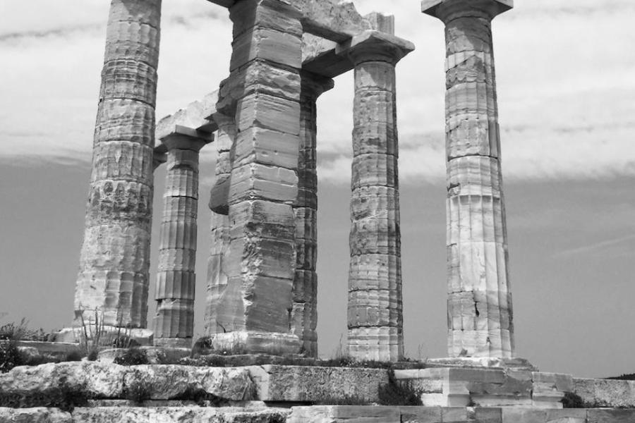 ancient stone pillars, black and white image