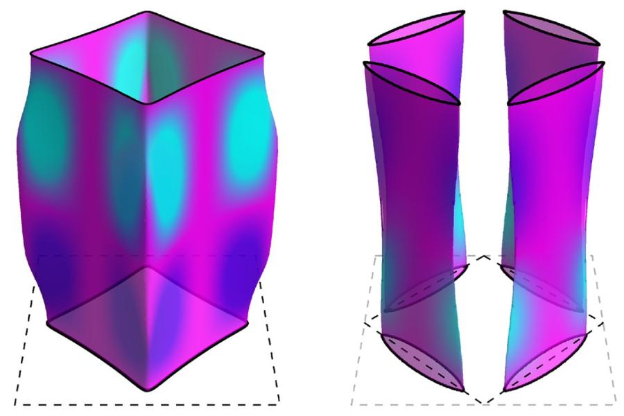 Two pink and blue figures side by side