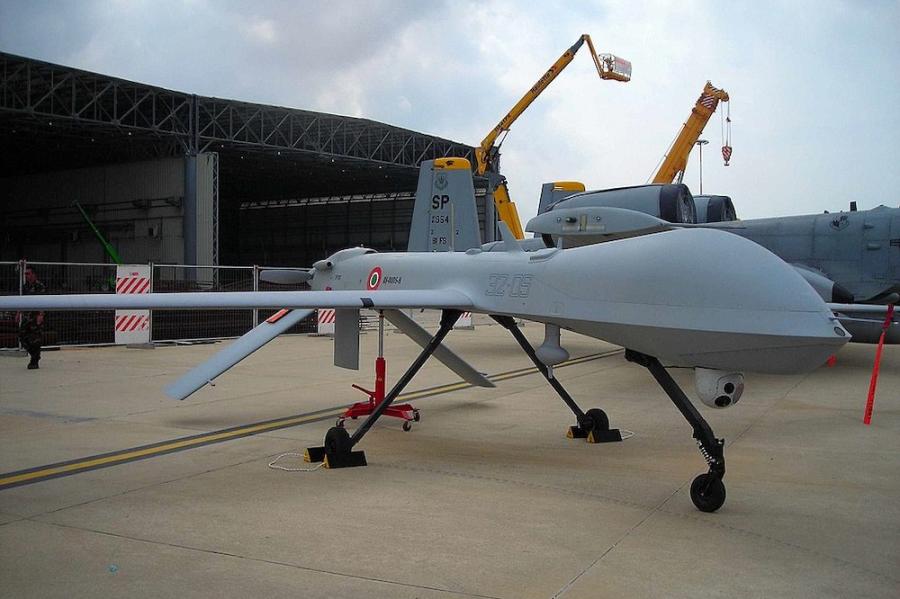 military drone parked on the ground