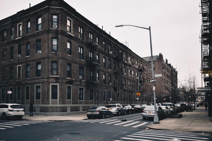 Apartment building on a gloomy street