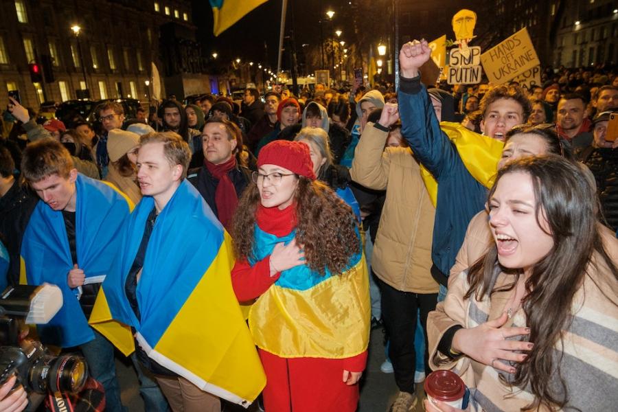 A crowd of protestors, many of them wrapped in flags